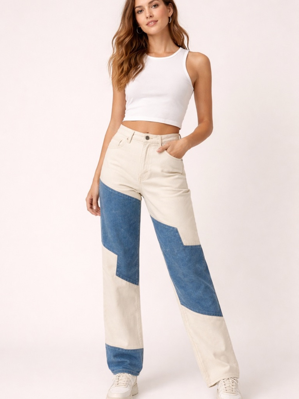 Free People Cream and Blue Colorblock Wide-Leg Jeans Sandrine Rose
